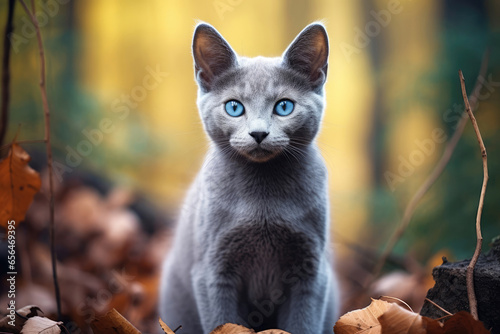 Cat of breed Russian Blue in the wild