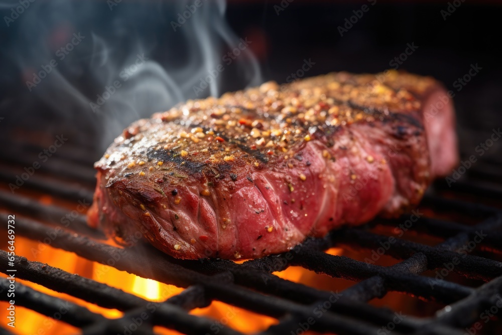 seasoned steak on grill with smoke rising seasoned steak on grill with smoke rising