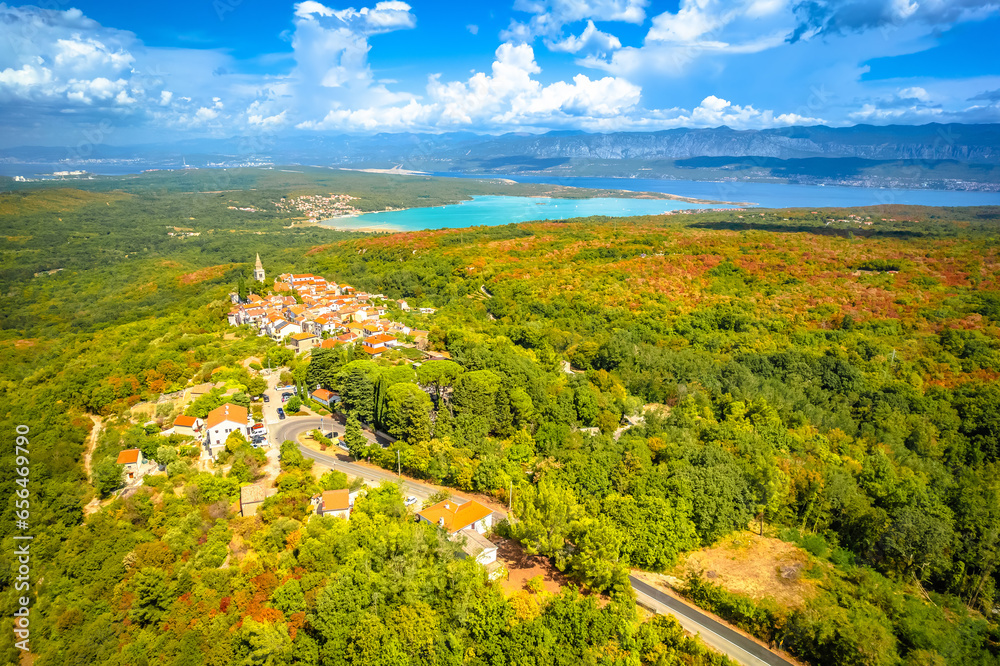 Town of Dobrinj and turquoise Soline bay aerial panoramic view