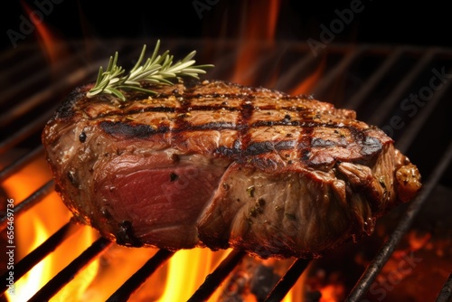 steak over boisterous flames on a barbecue grill photo