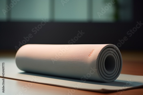 A pristine yoga mat is laid flat, its calming colors showcased prominently in a serene and balanced composition. Gentle shadows add depth and perspective