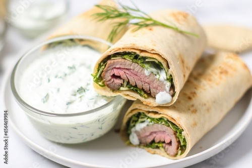 gyro sandwich with tzatziki sauce in a small bowl