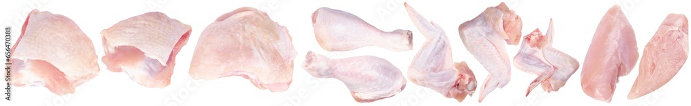 Set of raw chicken butchering. shin, wings, thigh and chicken fillet  isolated on transparent background png - obrazy, fototapety, plakaty 