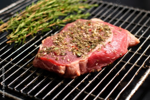 raw steak with herb rub on a metal grilling basket