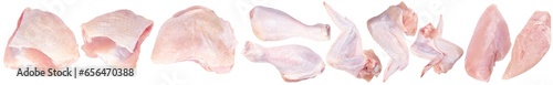 Set of raw chicken butchering. shin, wings, thigh and chicken fillet isolated on transparent background png