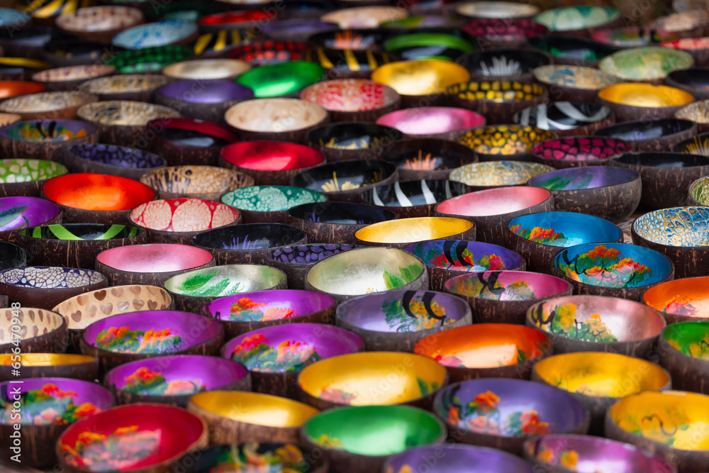 Colorful embroidered traditional vietnamese bowls - SAPA, Vietnam
