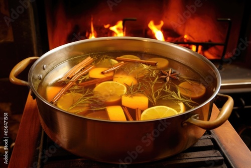 overview of a simmering pan of mulled cider on stove