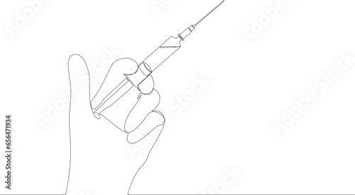 Hand holding syringe with needle continuous one line drawing. Vaccination, health care injection concept drawn by single line. Vector illustration.