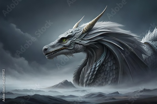 the dragon in the dark, mighty dragon on the grey background, mighty dragon in ocean
