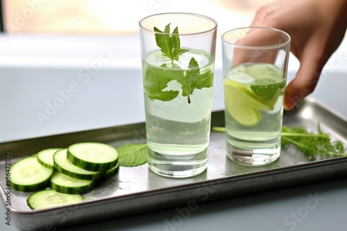 hand serving a glass of cucumber and mint water on a tray