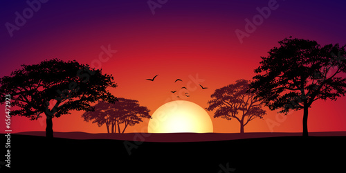 sunset in the forest with red sky