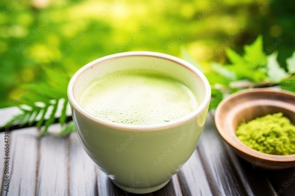 hot matcha latte in an earthenware mug on a sunny day hot matcha latte in an earthenware mug on a sunny day