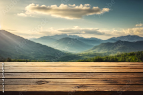 Empty wooden table with blur mountain landscape background