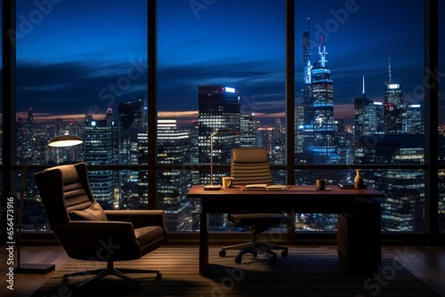 An entrepreneur stands in a low-lit chamber, the city structures silhouetted against the dim light, evoking a powerful aura of influence and class.