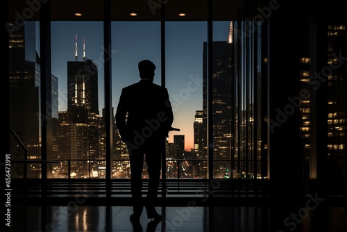 An entrepreneur stands in a low-lit chamber, the city structures silhouetted against the dim light, evoking a powerful aura of influence and class. photo