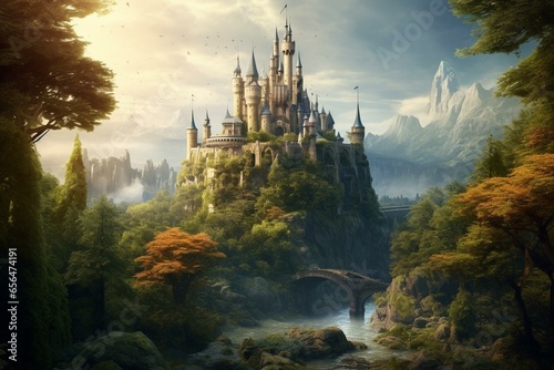 An image featuring a castle surrounded by trees in a scenic forest. Generative AI