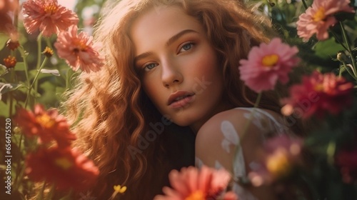 Red-haired woman in a field surrounded by colorful flowers
