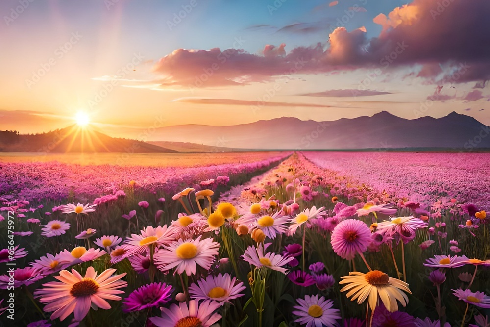sunrise over flowers field