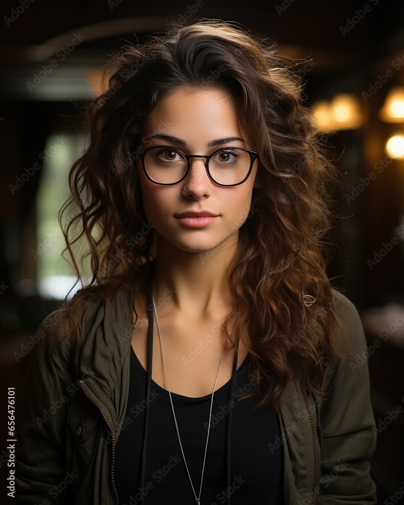 Portrait of Confident smiling female student wearing eyeglasses. Proud student girl with specs looking at camera. High quality AI photo Portrait of Confident smiling female student wearing eyeglasses. Proud student girl with specs looking at camera. High quality AI photo