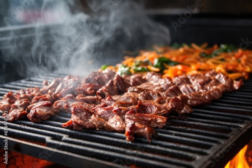 smoke rising from tasty bulgogi beef strips on a grill