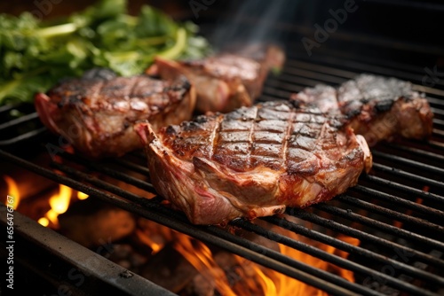 partially grilled lamb chops on an open barbecue pit