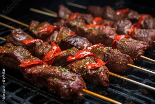 red spicy marinated lamb skewers ready for grilling