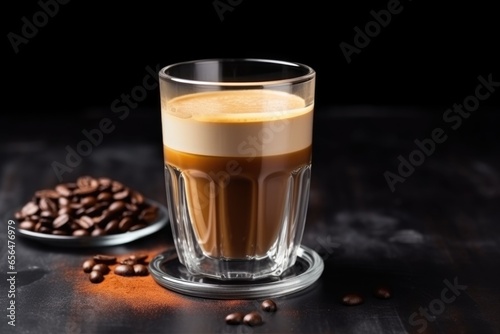 bulletproof coffee latte in a transparent cup on a dark stone table