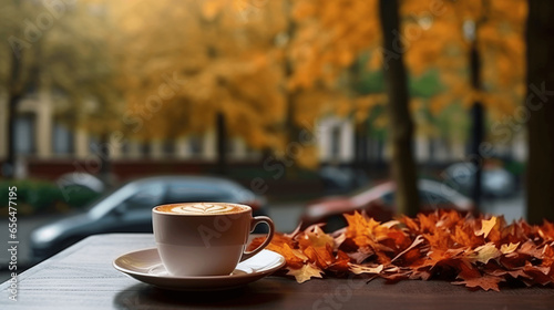 Coffee cup on a wooden table with autumn leaves on the background