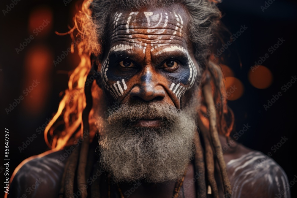 A detailed close-up of a person with a beard and vibrant face paint. This image can be used for various purposes, such as costume parties, festivals, or artistic projects. A detailed close-up of a person with a beard and vibrant face paint. This image can be used for various purposes, such as costume parties, festivals, or artistic projects.