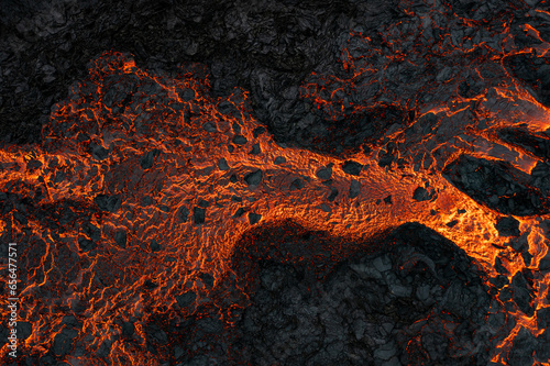 Aerial view of the texture of a solidifying lava field, close-up photo