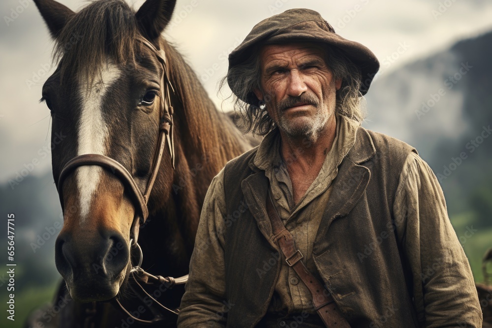 A man stands next to a brown horse. This image can be used to depict a person interacting with animals or for equestrian-related themes. A man stands next to a brown horse. This image can be used to depict a person interacting with animals or for equestrian-related themes.