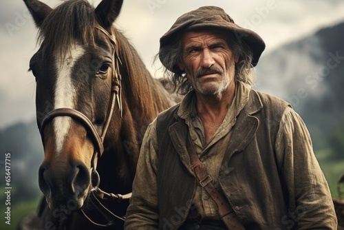 A man stands next to a brown horse. This image can be used to depict a person interacting with animals or for equestrian-related themes. © Fotograf