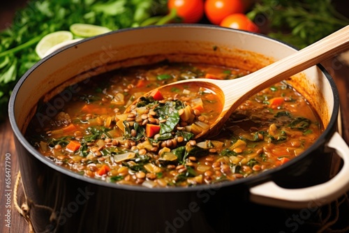 stirring vegetable lentil soup with a wooden spoon photo