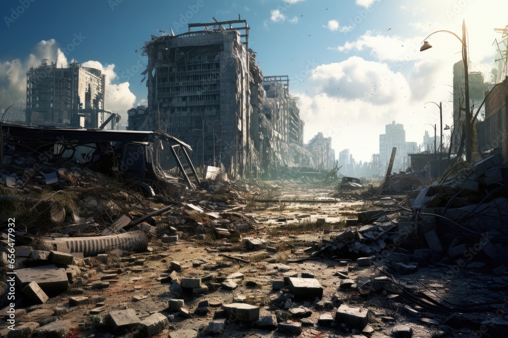 A picture of a destroyed city with a bus in the middle. This image can be used to depict a post-apocalyptic scene or the aftermath of a disaster. - obrazy, fototapety, plakaty 