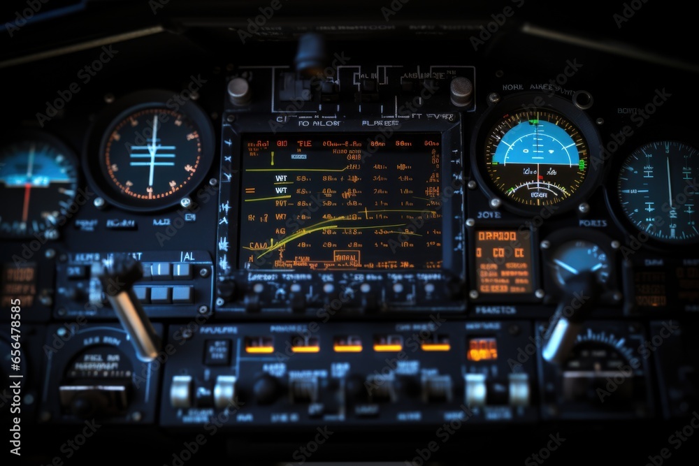 Obraz premium A close-up view of the dashboard of a plane. Perfect for aviation enthusiasts or travel-themed designs.