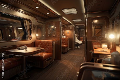 A picture of the interior of a train car with a table and chairs. This image can be used to depict travel, transportation, or a comfortable workspace while on the move. © Fotograf