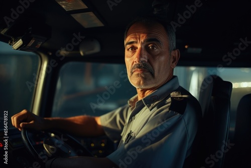 A man is seen driving a truck in the dark. This image can be used to depict nighttime transportation or the challenges of driving in low light conditions. © Fotograf