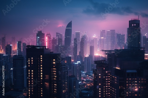 As twilight descends, a surreal cityscape unfolds, where skyscrapers morph into dreamlike pillars against the dusky palette. 