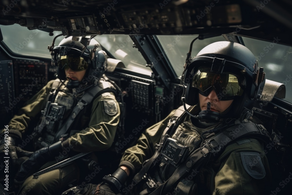 Two pilots sitting in the cockpit of a plane. Suitable for aviation-related designs and content. Two pilots sitting in the cockpit of a plane. Suitable for aviation-related designs and content.