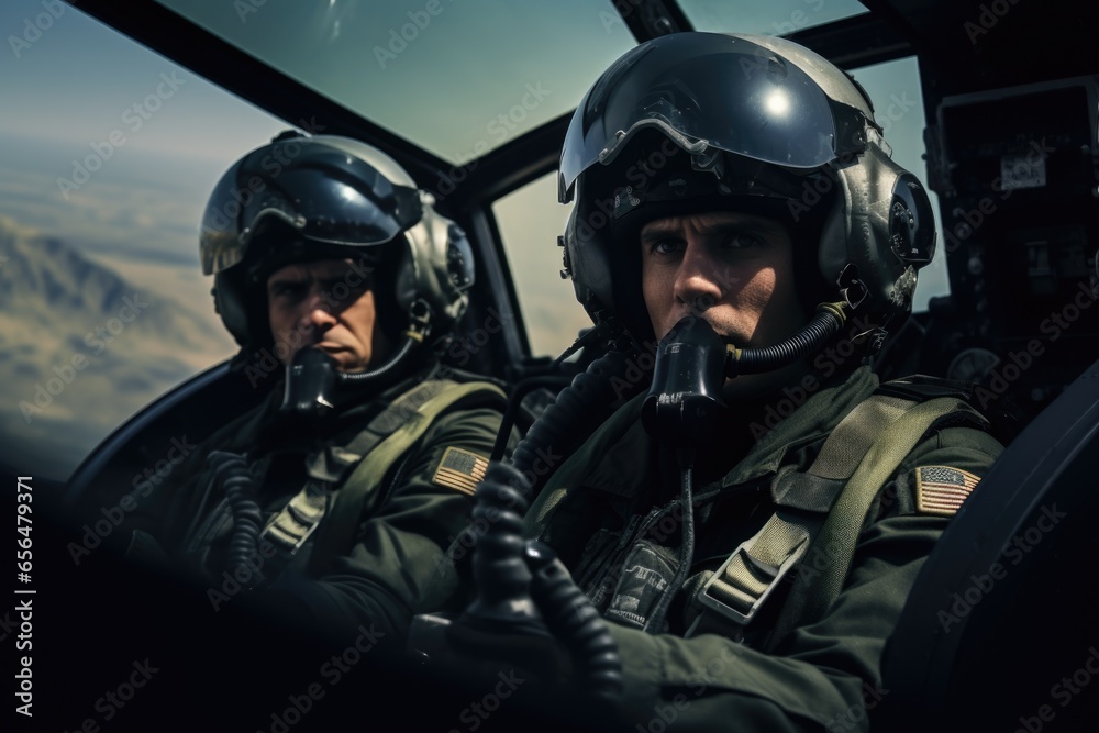 A picture of two pilots seated in the cockpit of a helicopter. This image can be used to showcase teamwork, aviation, or the profession of pilots. A picture of two pilots seated in the cockpit of a helicopter. This image can be used to showcase teamwork, aviation, or the profession of pilots.
