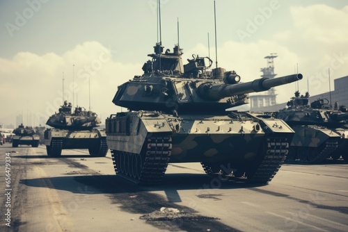 Tanks parked on the street, suitable for military-themed projects.