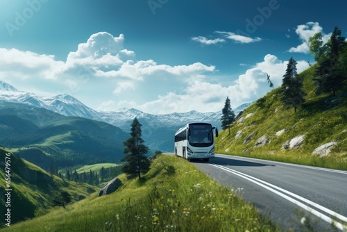 A white bus is seen driving down a road next to a beautiful lush green hillside. This picture can be used to depict travel, transportation, or scenic landscapes.
