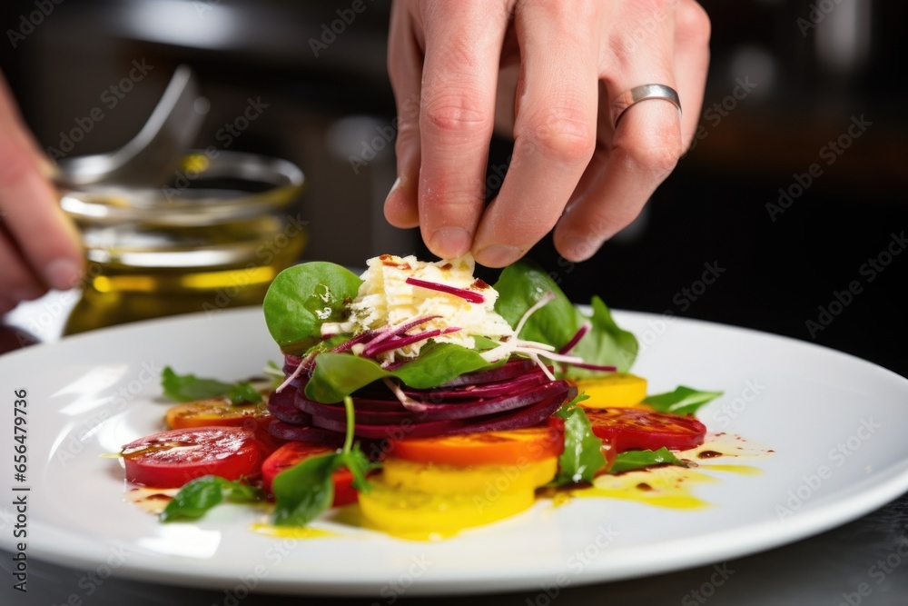 hand placing slice of pickled beetroot on a salad hand placing slice of pickled beetroot on a salad