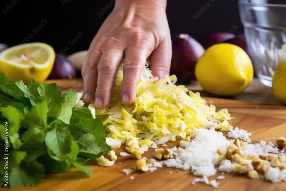 hand grating zest of lemon over fig and walnut salad