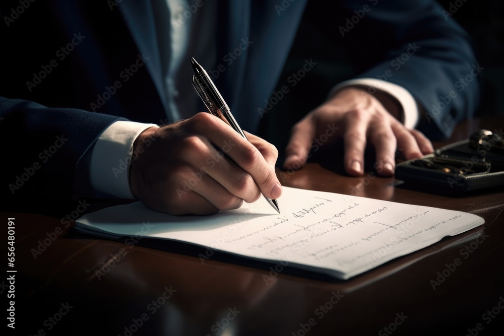 A man in a suit is seen writing on a piece of paper. This image can be used to depict business, communication, or administrative tasks. A man in a suit is seen writing on a piece of paper. This image can be used to depict business, communication, or administrative tasks.