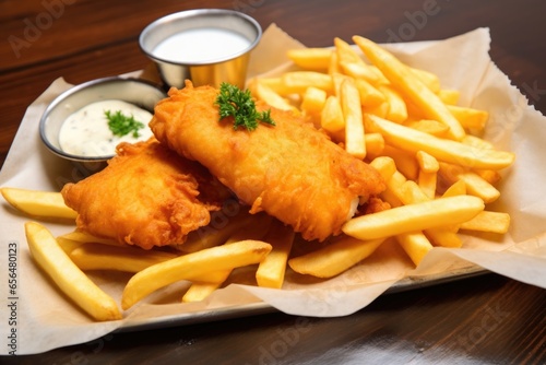 close-up of fish and chips served on plain paper