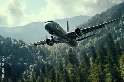 A large jetliner soaring through the sky above a vibrant, lush green forest. This image captures the beauty of nature juxtaposed with modern aviation. Perfect for travel, adventure, and environmental 