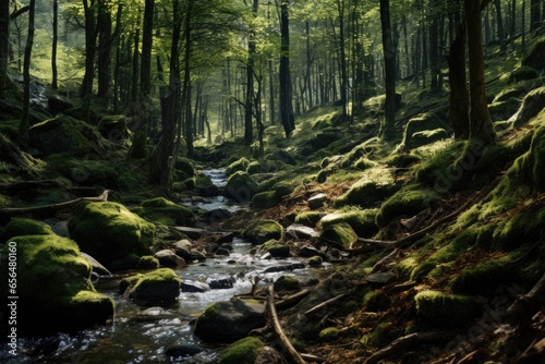 A picture of a stream running through a beautiful  vibrant green forest. This image can be used to depict nature  tranquility  and the beauty of the outdoors.