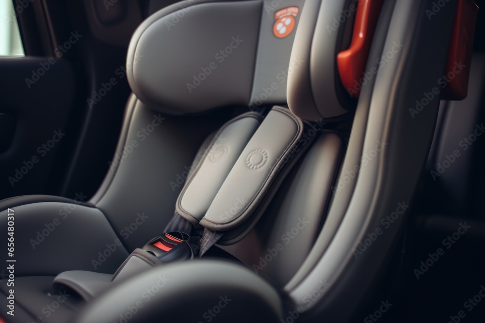 A close-up view of a child's car seat. This image can be used to illustrate child safety, car seat installation, or transportation safety.