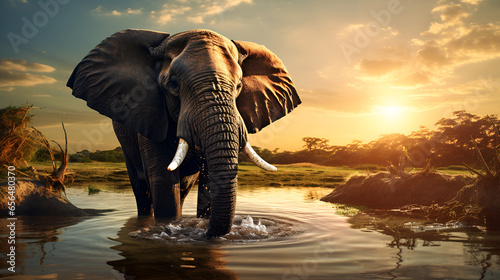 African Wildlife Elephant in the River water Under the Sunny Sky Nature's Harmony background © Safia